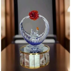 Vintage Lighted Spinning Hand Blown Art Glass Cobalt Blue Music Box Hen Rooster